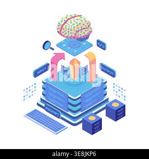 Isometric AI Prompt Engineering and Generative AI Technology with Brain Like Processor. AI Prompt Engineering Concept Stock Vector