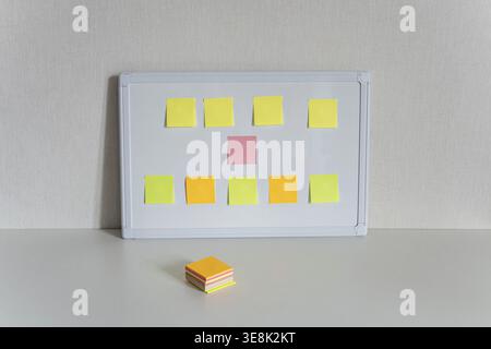 Planning board with colorful sticky notes on white background, organization workflow productivity and task management concept Stock Photo