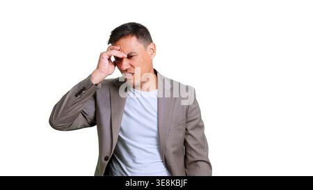 Stressed man suffering headache with transparent background Stock Photo