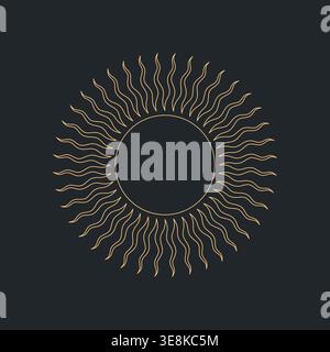 Golden sun rays spiral outward from a dark sun. Minimalist design evokes warmth and energy. Elegant lines contrast against deep black background. Perf Stock Vector