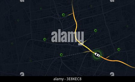 Dark city map navigation interface with white car moving on orange route and green location pins. Vector illustration. Stock Vector
