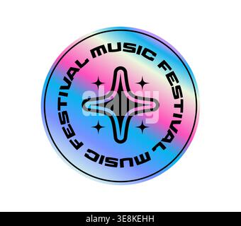 Music festival hologram retro Y2K sticker or symbol. Gradient chrome foil retro label, metallic color holographic round vintage Y2K vector tag. Glossy iridescent sticker with black star and typography Stock Vector