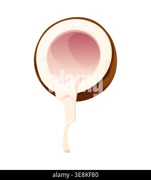 Cartoon coconut half with creamy coconut milk pour in smooth flow from coco nut half. Vector fresh natural food ingredient with tropical fruit texture. Liquid splash, cooking process, refreshing drink Stock Vector