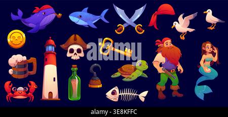 Cartoon pirate corsair characters and game icons asset. Cute skull pirate in captain hat, sailor buccaneer with gun, mermaid and sea animals characters set. Treasure map bottle, hook and swords Stock Vector