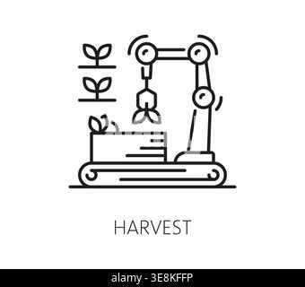 Smart farm harvest robot, agriculture technology line icon. Smart farm robotic arm collecting, planting seedlings vector symbol. Agriculture industry future tech innovation outline pictogram or sign Stock Vector