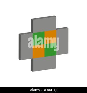 Isometric cross shape. 3D block Vector. Green orange side. Volume square object. Manual vector only. No autotrace used. EPS 10. Stock Vector
