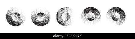 Stippled halftone texture with geometric dots creates abstract vintage circle. Monochrome pointillism effect features scattered elements perfect for Stock Vector