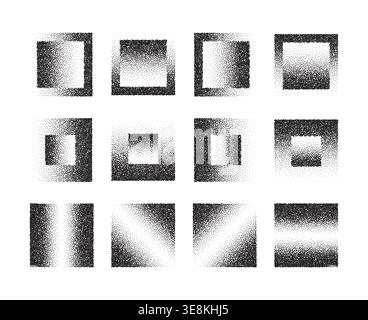 Abstract grainy gradient background featuring square patterns with stipple dots, retro halftone texture, and monochrome geometric noise effect Stock Vector