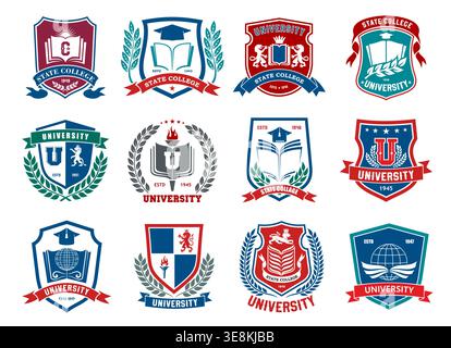 Education university, college and academy icons with books, student graduation hats and globes. Vector university shield badges or school crests with heraldic lions, crowns, torches and laurel wreaths Stock Vector
