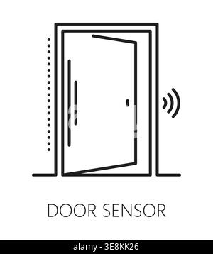 Door sensor home security electronics line icon or pictogram. House safety device thin line vector sign, security electronics linear icon. Home alarm equipment pictogram or symbol with opened door Stock Vector