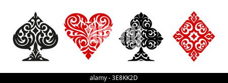 Casino poker gambling card suit ornament. Gambling card ornate vector background, casino playing card isolated pattern. Blackjack spade, heart, club and diamond suit ornament or poker game symbol Stock Vector
