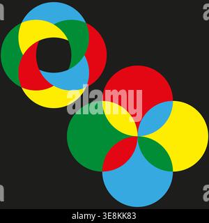 Overlapping colorful circles. Interlocking round shapes. Unique Vector pattern. Deep black background. Manual vector only. No autotrace used. EPS 10. Stock Vector