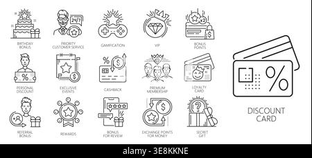 Color exclusive loyalty benefit icons, gift and reward, prize and offer coupons. Vector set of line signs. Birthday bonus, priority customer service, vip, points, personal discount or exclusive events Stock Vector
