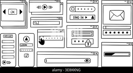 User interface doodle. Browser search bar, personal email agent, app login. Safety and security digital windows, file systems, entrance forms Stock Vector