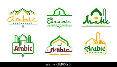 Arabian restaurant icons of arab cuisine food with vector silhouettes of Middle East arabic building. Ancient mosque symbols set with arched windows, domes and minarets, arabian restaurant emblems Stock Vector