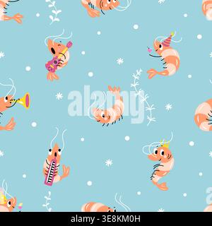 Shrimps seamless pattern. Funny shrimp characters, underwater sea animals. Childish nursery print, for fabric, textile, wallpaper design, nowaday Stock Vector