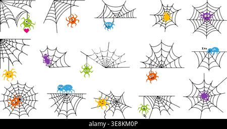 Cobweb with spiders. Funny spider on webs, different doodle insects characters. Halloween spooky design, horrible seasonal creative elements, neoteric Stock Vector