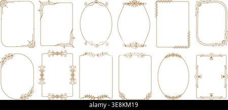 Decorative invitation frames. Stylish line frame, doodle art design elements. Banners with floral branches, spider web, royal lily, neoteric vector Stock Vector