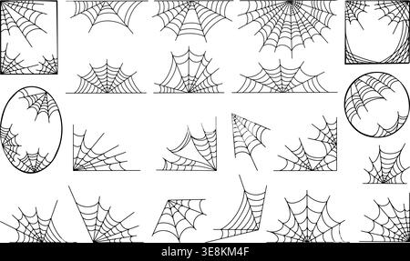 Spiderweb decorations. Halloween spooky elements, decorative doodle art corners and frames, dividers. Seasonal messy webs, black neoteric vector Stock Vector