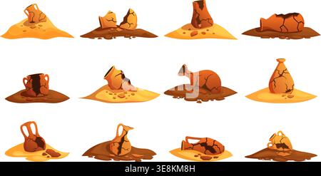 Archaeological excavations. Ancient ceramics, different old jars, vases in sand piles. Historical crockery, broken vase and cracked jugs, sapid vector Stock Vector