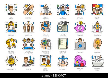 Color life skills icons with vector line leadership, active learning and empathy, health life, social and cooking skills symbols. Patience, problem solving, crisis management and creativity icons Stock Vector