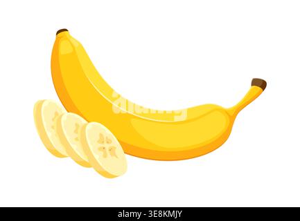 Cartoon ripe yellow banana fruit with peel and cut slices. Isolated vector fresh tropical plant. Natural whole and sliced exotic fruit with yellow skin. Healthy organic vitamin product, sweet dessert Stock Vector