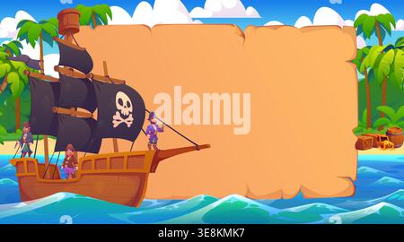 Pirate ship with sailors at Caribbean sea and old paper banner, cartoon vector background. Pirates sailing on sailboat with Jolly Roger black flag on treasure island with blank paper scroll banner Stock Vector