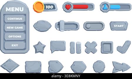 Stone ui elements. Game menu design, panel buttons and life, money, power indicators. Start, pause, finish, cartoon stoned slider, sapid vector Stock Vector