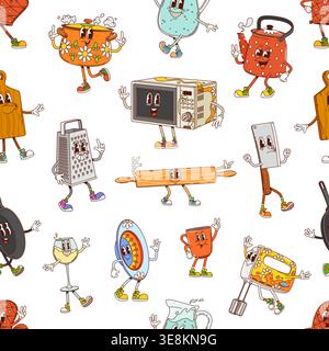 Groovy utensil and cookware characters seamless pattern. Textile seamless pattern with microwave stove, teapot, cutting board and frying pan, water jug, wine glass, rolling pin groovy vector personage Stock Vector