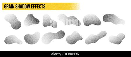Noise grain dots and blob shapes with gradient pattern background, vector abstract halftone texture. Noise grain blobs with monochrome gradation and half tone gradient effect of dots liquid shapes Stock Vector