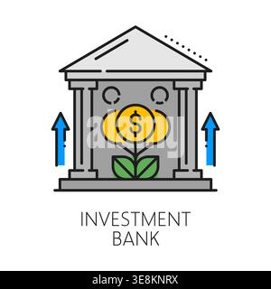 Investment bank, business color line icon or pictogram. Capital growth thin line vector symbol, investment startup lineart pictogram. Investor fund icon with bank or financial institution building Stock Vector