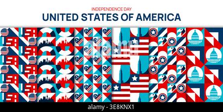 USA background set of geometric seamless pattern for Independence Day, vector American symbols. USA pattern background with US flags and stars in patriotic hearts, Washington Monument and Capitol Stock Vector