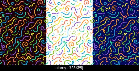 Squiggle seamless pattern, kids holiday birthday background. Joyful explosion of colorful squiggles, wavy lines, and playful doodles. Energetic vector pattern for children birthday party decoration Stock Vector