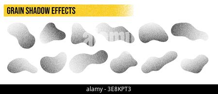 Noise grain dots and blob shapes with gradient pattern background, vector abstract halftone texture. Noise grain blobs with monochrome gradation and half tone gradient effect of dots liquid shapes Stock Vector