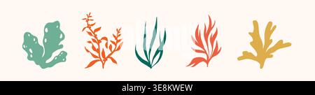 Coral template design silhouette vector. Underwater ocean coral, plants, leaves, algae and branches. Save the water.  Stock Vector