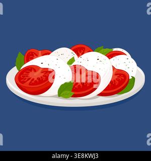 Fresh Caprese salad on a plate. Healthy vegetable salad food with red ripe tomatoes, aromatic basil leaves, mozzarella cheese, salt and black pepper. Stock Vector