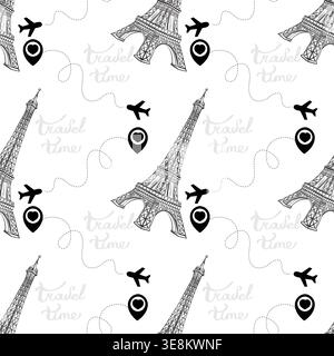 Seamless Paris Travel Pattern Eiffel Tower Airplane Location Pin Heart Black and White Vector, Line Art Background Design Stock Vector