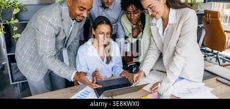 Black, white, asian project manager leading tablet review Stock Photo