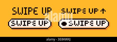 Swipe up pixel buttons drawn in black and white color on yellow background. Stock Vector