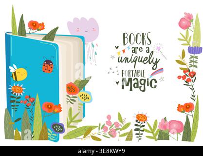 Cartoon Illustration of Open Book With Color Flowers Stock Vector