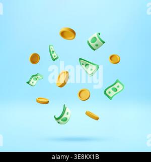 3D Floating golden coins and paper banknotes Stock Vector