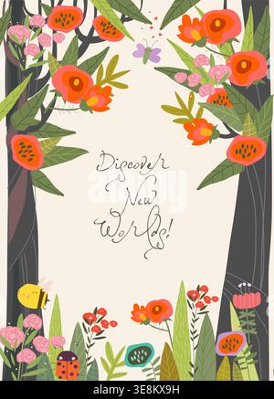 Cute Cartoon Frame with Blooming Trees and Plants Stock Vector
