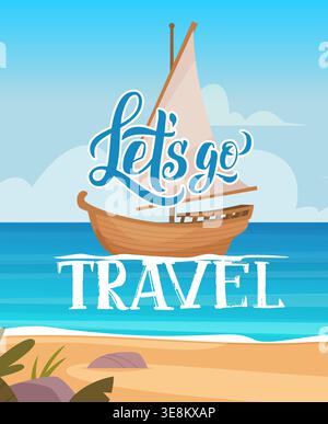 Travel poster. lettering symbols for sea or ocean exploration on wooden boat or yacht Stock Vector