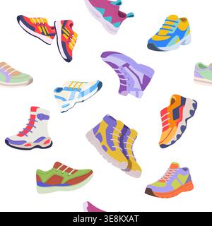 Sneakers pattern. seamless background with different sport shoes Stock Vector