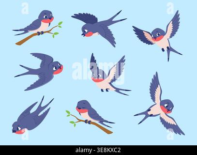 Swallows. Flying cartoon birds in sky exact vector swallows in action poses Stock Vector