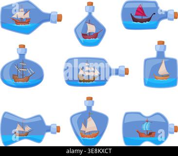 Ship in bottle. Mini figure of old style wooden ship for pirates exact vector sailor boats in transparent bottle Stock Vector
