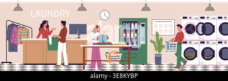 People in laundry room. Dirty clothes acceptance, man and woman visitors unload washing machines, socks in baskets, detergents, horizontal background Stock Vector
