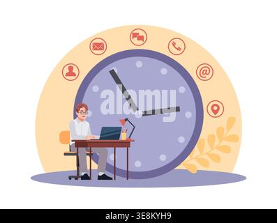 Office employee works on laptop at desk. Working time planning, priority of tasks. Time management and productivity, deadlines and digital work Stock Vector