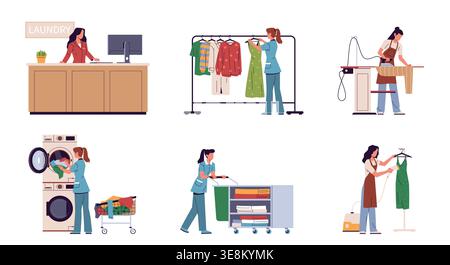 Laundry service workers. Women in uniforms professionally take care of clothes, washing machines, fabric steaming, professional textile dry cleaning Stock Vector