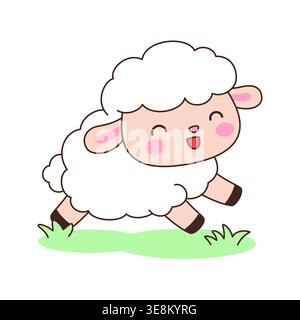 Cute kawaii white sheep jumping on grass cartoon vector illustration on white background Stock Vector